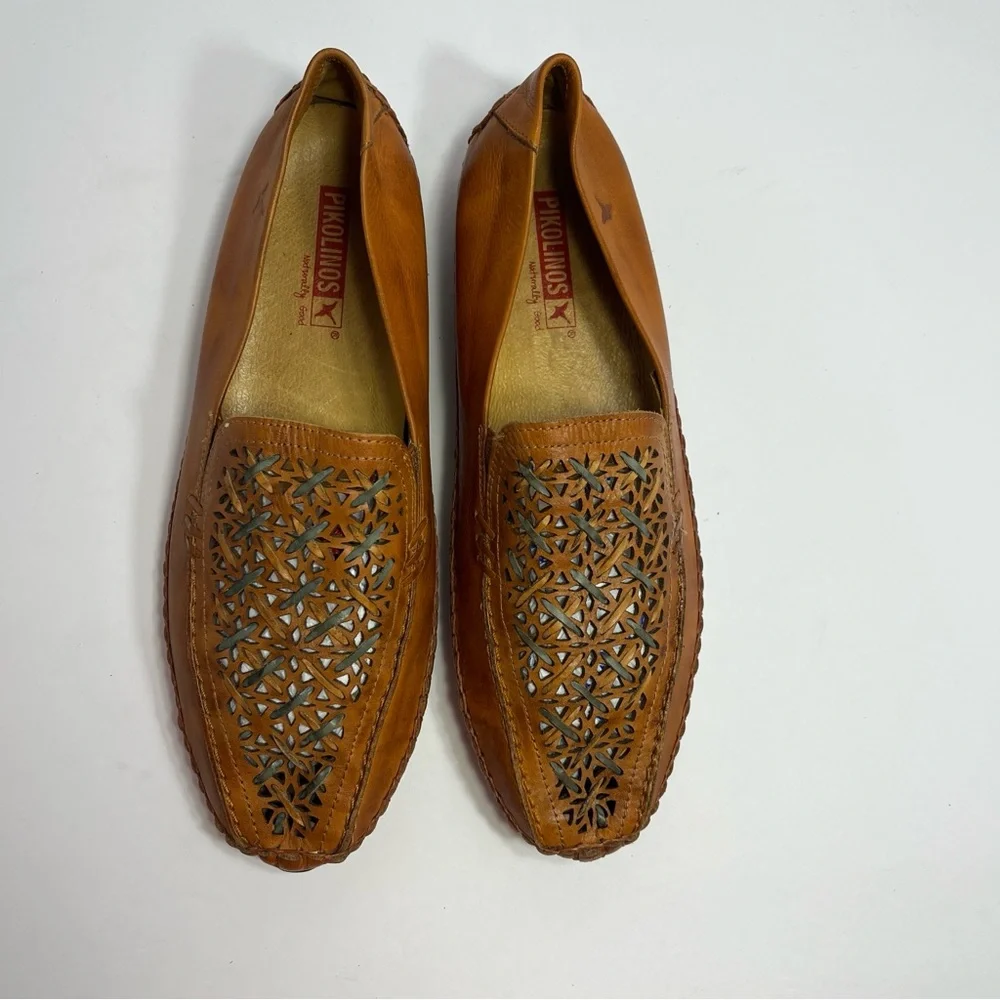 PIKOLINOS Jerez Brown Leather Slip On Woven Preppy Moccasins Loafers SZ 40